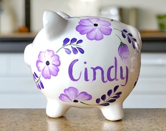 Piggy Bank for Girl, Purple Floral Bank, Personalized Piggy Bank, New Baby Gift, Baby Shower Gift, Hand Painted Piggy Bank, Newborn Gift