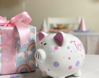 Pink & Purple Multi-Dot Piggy Bank, Custom Piggy Bank, New Baby Gift, Baby Shower Gift, Personalized Piggy Bank, Newborn Gift, Nursery Decor
