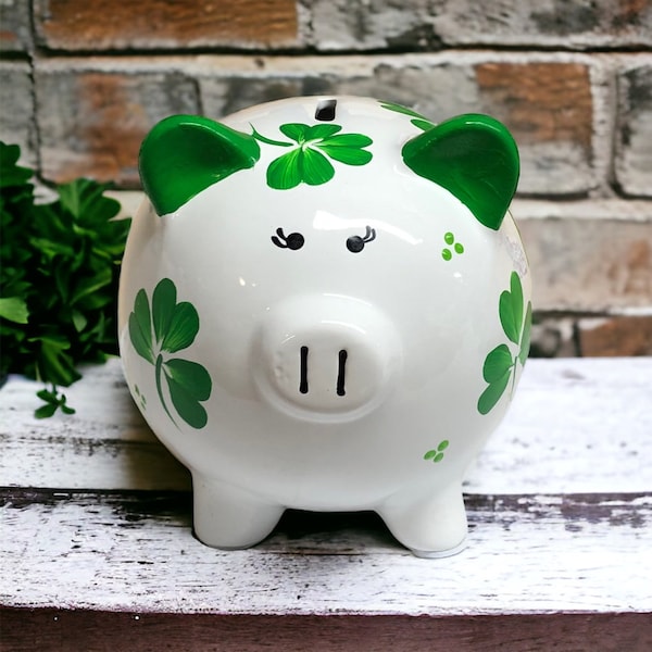 Hand Painted Irish Piggy Bank, Shamrock Bank, Personalized Bank, Green Clovers,  Four Leaf Clover, Gift for Irish Child, New Baby Gift