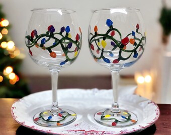 Christmas Lights Wine Glasses | Set of Two | Hand Painted Personalized Gifts