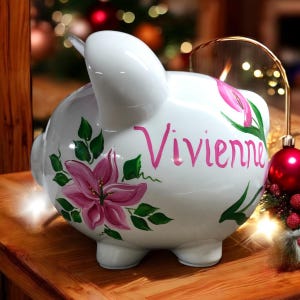 Pink Lilies Floral Bank, Personalized Bank, Custom Piggy Bank, New Baby Gift, Baby Shower Gift, Girls Piggy Bank, Newborn Gift