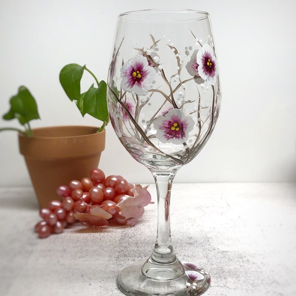 Cherry Blossoms Wine, Large Cherry Blossom, Hand Painted Wine Glass (Single Glass)