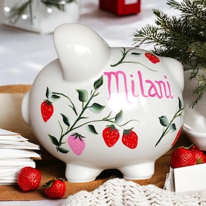 Personalized Bank, Strawberry Piggy Bank, New Baby Gift, Baby Shower Gift, Girls Piggy Bank, Newborn Gift, Piggy Bank with Strawberries