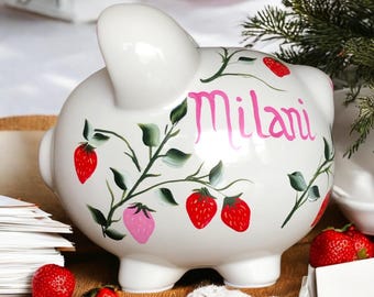 Personalized Bank, Strawberry Piggy Bank, New Baby Gift, Baby Shower Gift, Girls Piggy Bank, Newborn Gift, Piggy Bank with Strawberries