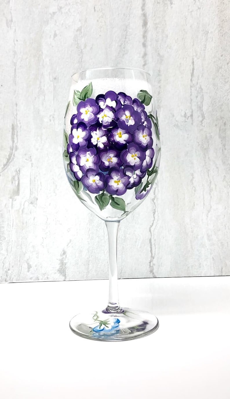Hydrangea Wine Glass Painted Hydrangea Hand Painted Wine Etsy