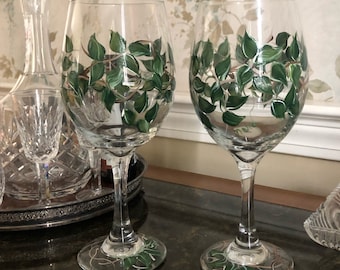 Painted Wine Glasses, Gift for Him, Gift For Men, Wine Lover Gift, for Husband Hand Painted Wine Glasses, Leaves and Vines