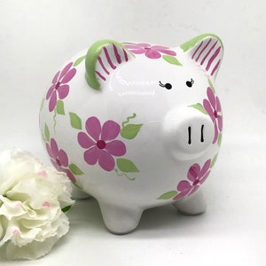 Pink Daisy Piggy Bank, Personalized Bank, Custom Piggy Bank, New Baby Gift, Baby Shower Gift, Girls Piggy Bank, Newborn Gift, Toddler Gift