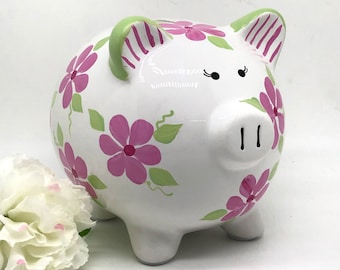 Pink Daisy Piggy Bank, Personalized Bank, Custom Piggy Bank, New Baby Gift, Baby Shower Gift, Girls Piggy Bank, Newborn Gift, Toddler Gift