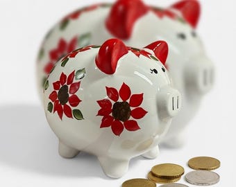Personalized Hand-Painted Piggy Bank, Baby Shower Gift, Children's Ceramic Bank, Holiday Keepsake for Child, Poinsettia Design, Newborn