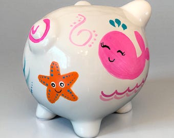Ocean Themed Personalized Piggy Bank, Hand Painted Gift for Girl, Pink Whale, Starfish, Sea Creatures Bank, Baby Shower Gift, Newborn Gift