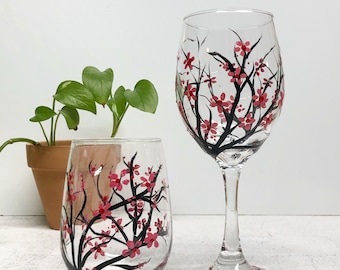 Cherry Blossoms, Painted Wine Glasses, Floral Wine Glasses, Gift For Her, Birthday Gift Woman, Wine Lover Gift, BFF Gift, Single Wine Glass