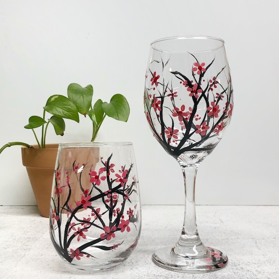 Cherry Blossoms, Painted Wine Glasses, Floral Wine Glasses, Gift for Her,  Birthday Gift Woman, Wine Lover Gift, BFF Gift, Single Wine Glass - Etsy