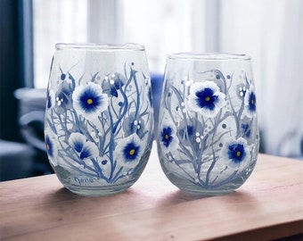 Blue Floral Wine Glass, Ready to Ship Gift,  Painted Wine Glass, Stemless Wine Glass, Ready to Ship, Blue Dining Décor, Blue Flower Glasses