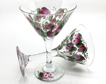 Painted Martini Glasses, Painted Glassware, Painted Pink Rosebuds, Roses on Glasses, Gift For Mom, Martini Lover Gift, Gift Hand Painted