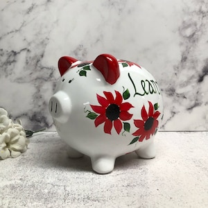 Red Floral Piggy Bank, Custom Bank, Personalized Bank, New Baby Gift, Baby Shower Gift, Girls Piggy Bank, Newborn Gift, Hand Painted Bank
