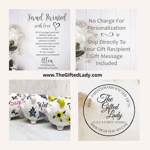 May include: Three white ceramic piggy banks featuring hand-painted floral designs in purple, yellow, and pink. The text on the banks includes names like Sage, Rilv, and F. The image also displays business information for The Gifted Lady.