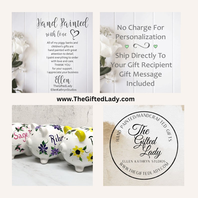 May include: Three white ceramic piggy banks featuring hand-painted floral designs in purple, yellow, and pink. The text on the banks includes names like Sage, Rilv, and F. The image also displays business information for The Gifted Lady.