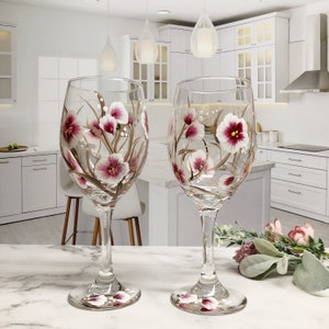 Cherry Blossoms Wine, Large Cherry Blossom, Hand Painted Wine Glasses (Set of 2)