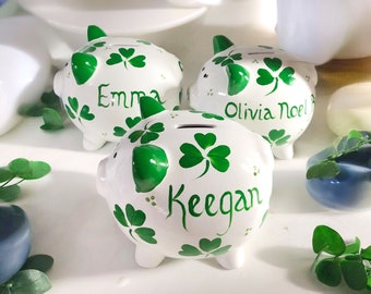 Hand Painted Irish Piggy Bank, Shamrock Bank, Personalized Piggy Bank, Green Clovers,  Four Leaf Clover, Gift for Irish Child, New Baby Gift