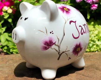 Personalized Bank, Pink Floral Piggy Bank, Custom Piggy Bank, New Baby Gift, Baby Shower Gift, Girls Piggy Bank, Newborn Gift