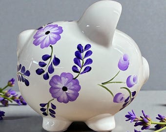 Piggy Bank for Girl, Purple Floral Bank, Personalized Piggy Bank, New Baby Gift, Baby Shower Gift, Hand Painted Piggy Bank, Newborn Gift