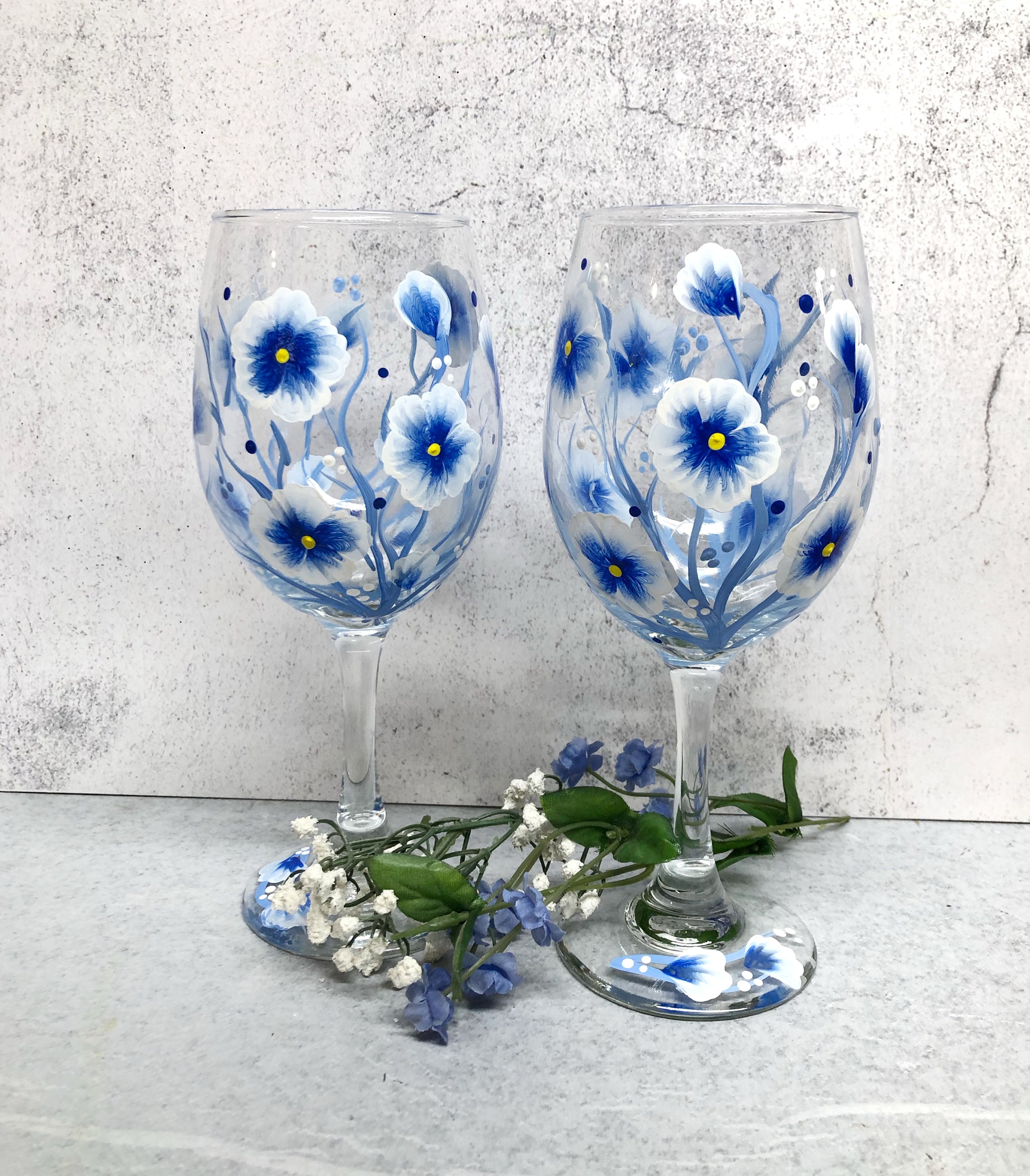 Vintage Water Glasses Tumblers Set of 4 Clear Glass Blue Flowers Made in  Brazil