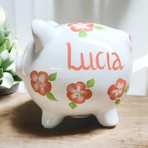 Floral Peach Piggy Bank, Personalized Bank, New Baby Gift, Baby Shower Gift, Girls Piggy Bank, Newborn Gift, Hand Painted Bank