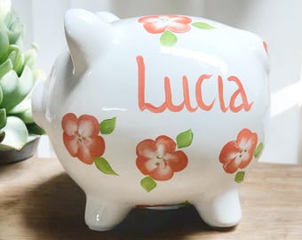 Floral Peach Piggy Bank, Personalized Bank, New Baby Gift, Shower Gift for Girl, Girls Piggy Bank, Newborn Present, Hand Painted Bank