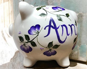 Personalized Purple Floral Bank, Custom Piggy Bank, New Baby Gift, Baby Shower Gift, Girl Piggy Bank, Newborn Gift, Young Girl Birthday Gift