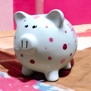Pink Multi-Dot Piggy Bank, Custom Piggy Bank, New Baby Gift, Baby Shower Gift, Girls Piggy Bank, Newborn Gift