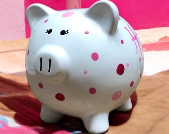Pink Multi-Dot Piggy Bank, Custom Piggy Bank, New Baby Gift, Baby Shower Gift, Girls Piggy Bank, Newborn Gift