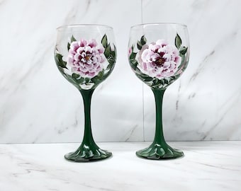 Painted Wine Glasses, Painted Pink Flowers, Roses Wine Glasses, Painted Stemware, Painted Glassware, Hand Painted Glass, Ready To Ship
