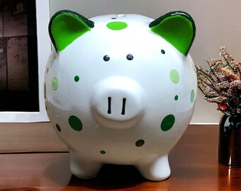 Personalized Green Dots Piggy Bank, Custom Piggy Bank, New Baby Gift, Baby Shower Gift, Girls Piggy Bank, Newborn Gift