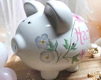 Wildflowers Piggy Bank, Personalized Bank, Custom Piggy Bank, New Baby Gift, Baby Shower Gift, Girls Piggy Bank Birthday Gift, Newborn Gift