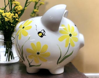 Yellow Daisy Piggy Bank, Personalized Bank, New Baby Gift, Baby Shower Gift, Girls Piggy Bank, Newborn Gift, Hand Painted Bank