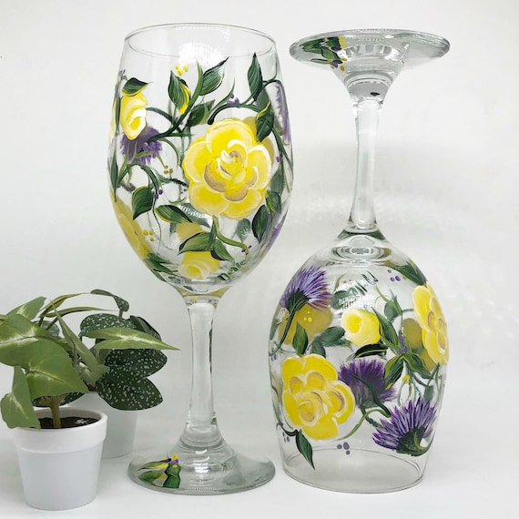 Painted Wine Glasses, Personalized Gift, Yellow Rose, Pretty Wine
