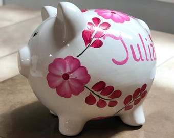 Piggy Bank for Girl, Purple Floral Bank, Personalized Piggy Bank, New Baby Gift, Baby Shower Gift, Hand Painted Piggy Bank, Newborn Gift