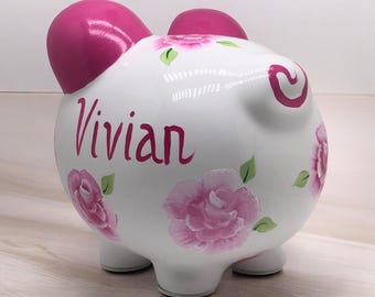 Personalized Pink Rose Piggy Bank, Custom Piggy Bank, New Baby Gift, Baby Shower Gift, Girls Piggy Bank, Newborn Gift