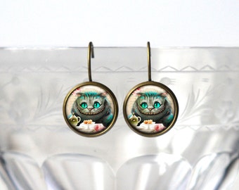 Alice in Wonderland Jewery - Cheshire Cat Earrings - Cute Bronze Space 14mm Leverback Earrings - Cool Gifts for Girls