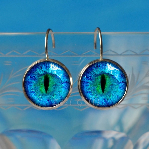 Blue Cats Eye Earrings - Silver Earrings - Eye Jewery - Cute 14mm Leverback Earrings - Womens Accessories Gift