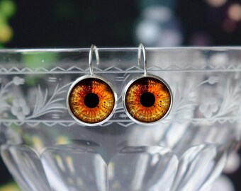 Orange Fire Eye Earrings - Eye Jewery - Silver Glass Earrings - Cute 14mm Leverback Earrings - Womens Accessories Gift