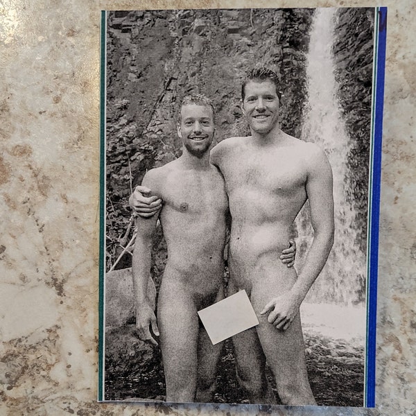 Handcraft 5" x 7" Black & White Classic Masculine Sexy Poses of Nude Men Blank Greeting Card + Envelope-Nude Male Naturist Couple Outdoors