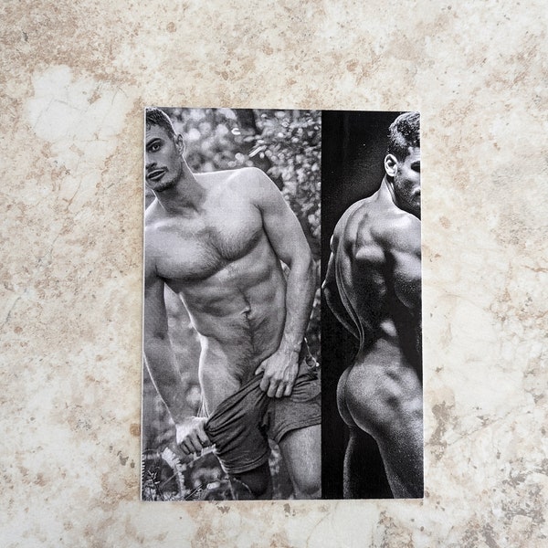 Handcraft 5" x 7" Black & White Unique Split Image of Nude Men Blank Greeting Card + Envelope-Nude Male Physique Blank Card One-of-a-Kind