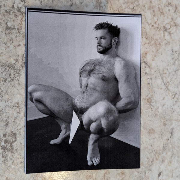 Handcraft 5" x 7" Powerful Young Hairy Hung Bearded Male Nude spread eagle in Super Masculine Pose ONE Blank Greeting Card with Envelope