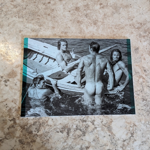 Handcraft 5x7" nude men in water with boat Blank Greeting Card + Envelope-Individually Made Sensual Male Physique Card + Envelope. Male butt