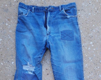 Vintage Wrangler Jeans, Distressed Denim, Patched Jeans, Made in USA