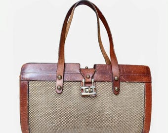 Jaren 70 John Romain geweven tweed en bruin leren handtas portemonnee met dubbel hengsel