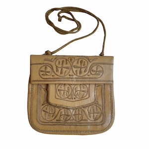 Vintage Embroidered Leather Crossbody Purse, Khaki Leather, Hand Stitched