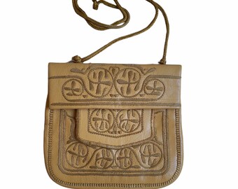 Vintage Bestickte Leder Umhängetasche, Khaki Leder, Handgenäht