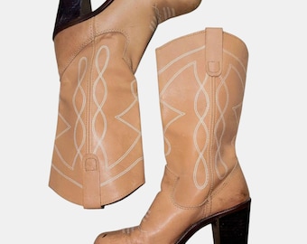 Vintage westerncowboylaarzen bruin amandelteen leren blokhak dames maat 5 B